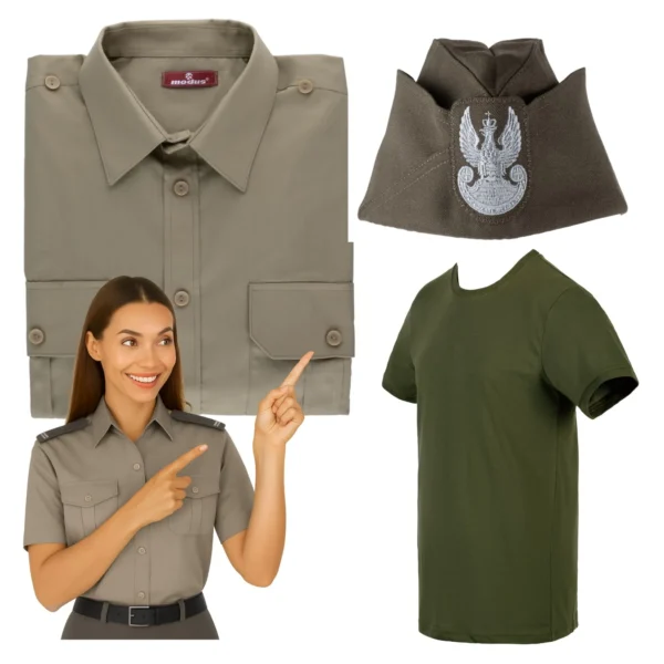Zestaw damski Wojsk Lądowych: koszulo-bluza, furażerka wyjściowa, t-shirt khaki