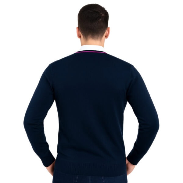 Sweter Męski Granatowy Vneck Długi Rękaw Stylowy Różowy Bawełna Akryl - obrazek 6