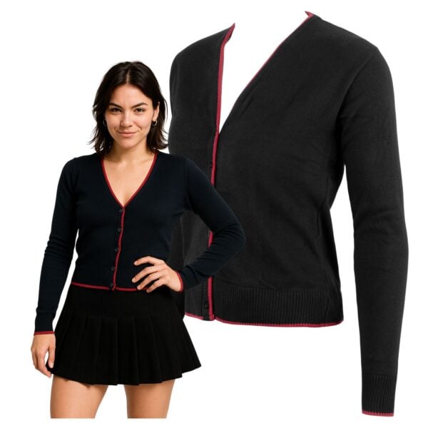 mini Damski Sweter Czarno Czerwony Stylowy na Guziki Bawełna Akryl