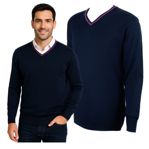 Sweter Męski Granatowy Vneck Długi Rękaw Stylowy Różowy Bawełna Akryl