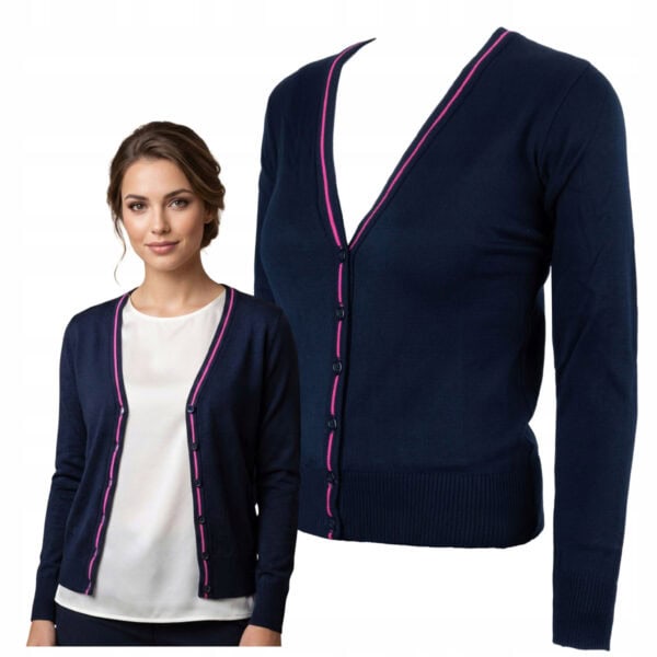 Sweter Damski Granatowy Vneck Długi Rękaw Różowy Bawełna Akryl