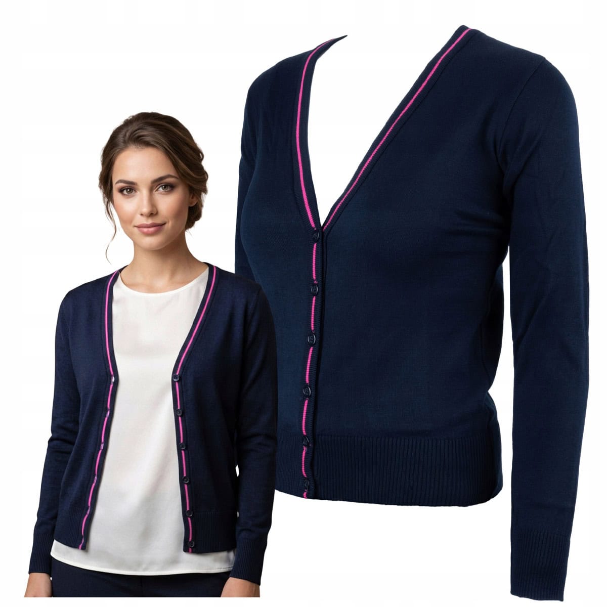 Sweter Damski Granatowy Vneck Długi Rękaw Różowy Bawełna Akryl