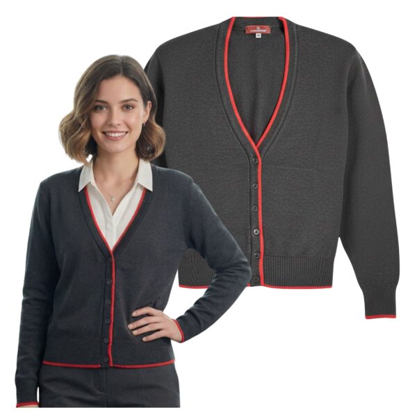 Szary Melanżowy Kardigan Damski z Guzikami i Czerwonym Wykończeniem