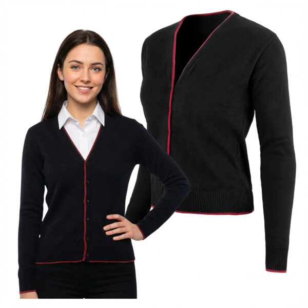 Damski Sweter Czarno Czerwony Stylowy na Guziki Bawełna Akryl