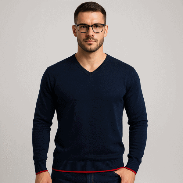 Sweter Męski Granatowy Vneck Długi Rękaw - obrazek 2