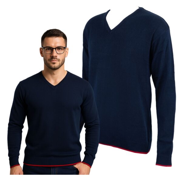 Sweter Męski Granatowy Vneck Długi Rękaw