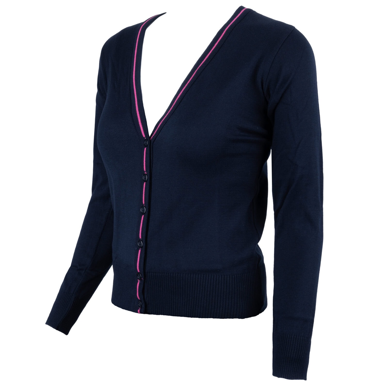 Sweter Damski Granatowy Vneck Długi Rękaw Stylowy Różowy Bawełna Akryl - obrazek 2