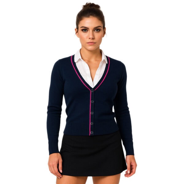 Sweter Damski Granatowy Vneck Długi Rękaw Stylowy Różowy Bawełna Akryl - obrazek 5