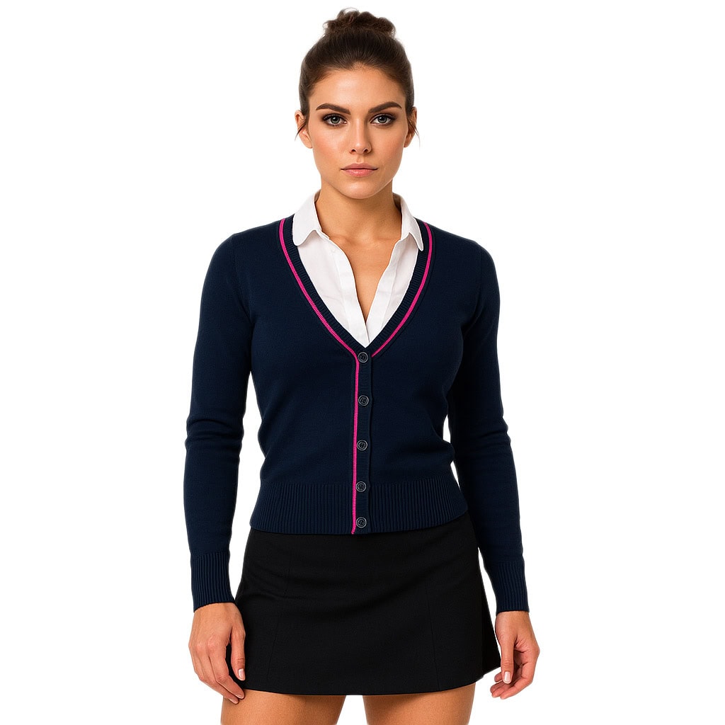 Sweter Damski Granatowy Vneck Długi Rękaw Stylowy Różowy Bawełna Akryl - obrazek 5
