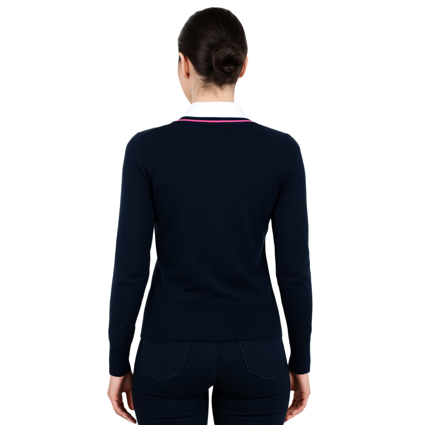 Sweter Damski Granatowy Vneck Długi Rękaw Stylowy Różowy Bawełna Akryl - obrazek 6