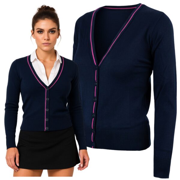 sweter-welcome-granatowy-damski-mini1 Sweter Damski Granatowy Vneck Długi Rękaw Stylowy Różowy Bawełna Akryl