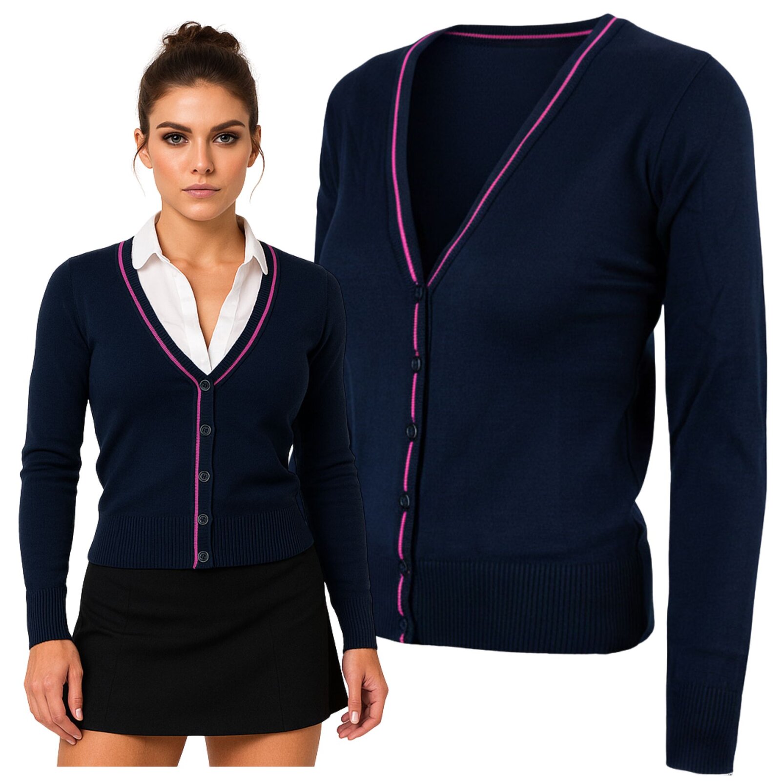 Sweter Damski Granatowy Vneck Długi Rękaw Stylowy Różowy Bawełna Akryl