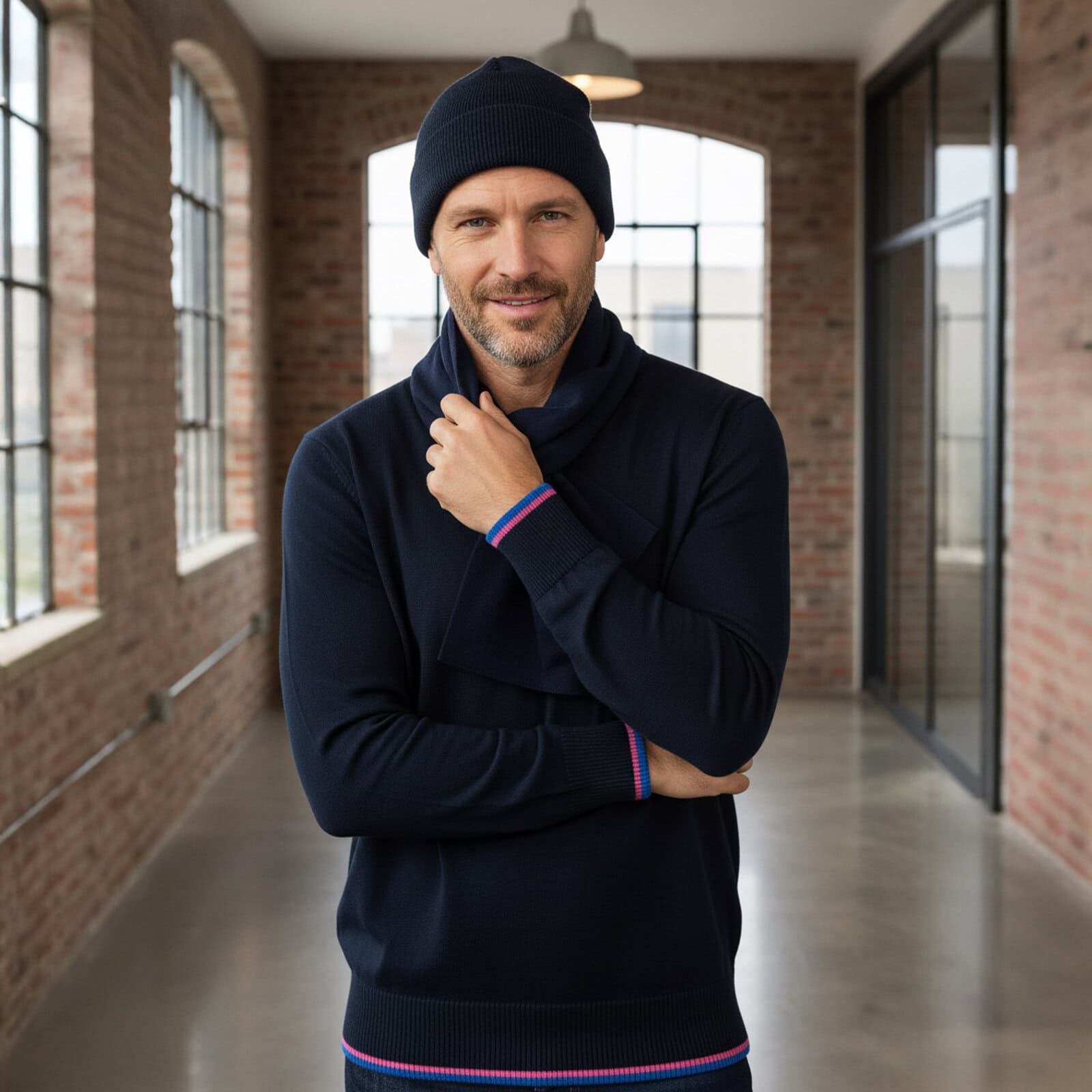 Grafitowy Sweter Męski V-neck w Serek z niebiesko-różową lamówką - obrazek 3