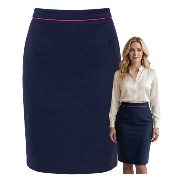 Granatowa Spódnica Ołówkowa Midi z Różowym Paskiem