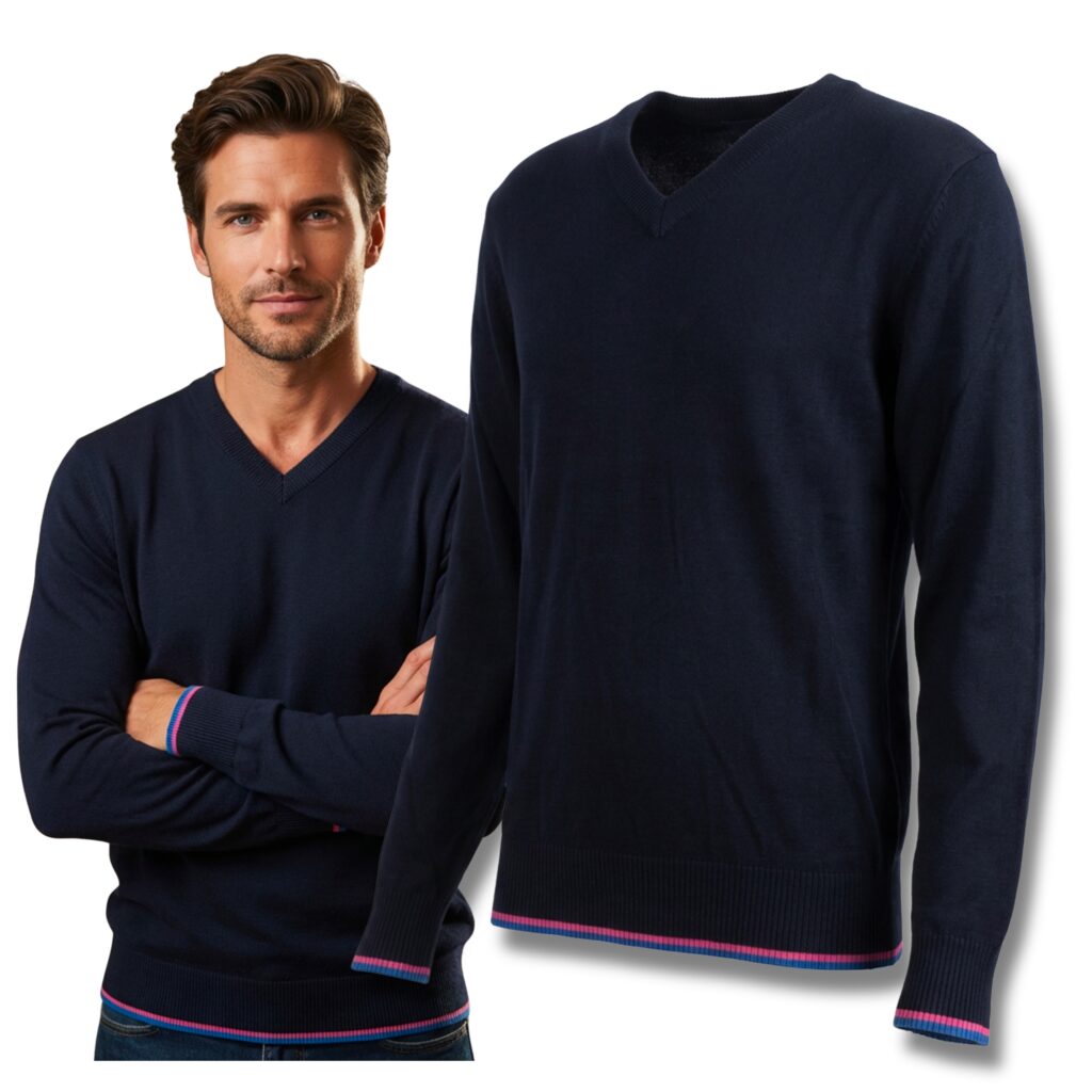 Granatowy Sweter Męski V-neck w Serek z niebiesko-różową lamówką