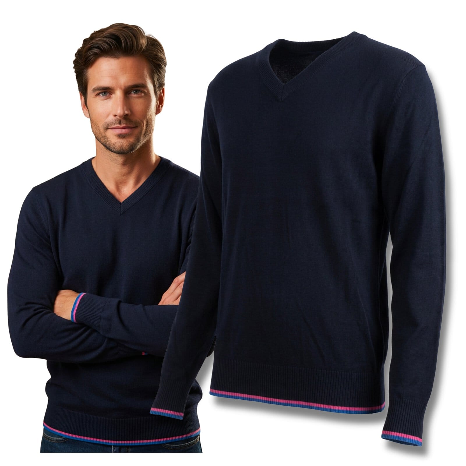 Grafitowy Sweter Męski V-neck w Serek z niebiesko-różową lamówką