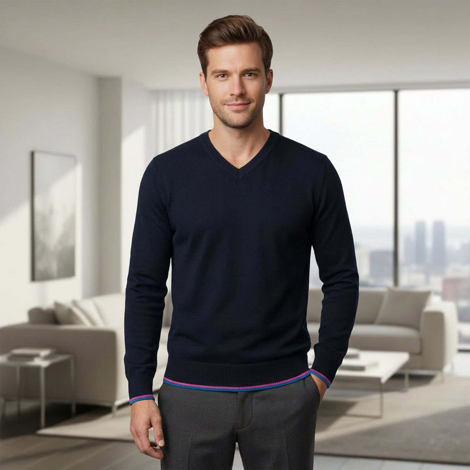 Grafitowy Sweter Męski V-neck w Serek z niebiesko-różową lamówką - obrazek 4