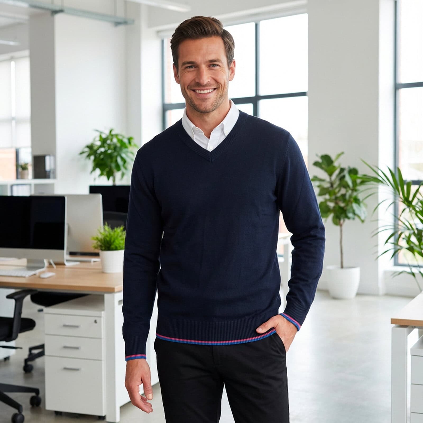 Grafitowy Sweter Męski V-neck w Serek z niebiesko-różową lamówką - obrazek 15