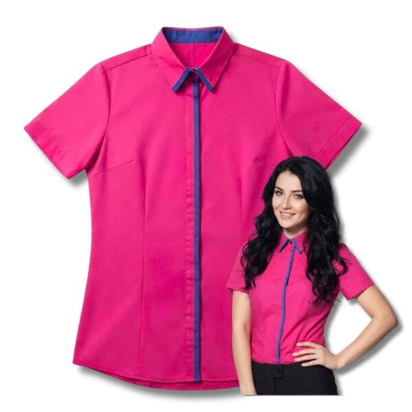 Koszula damska krótki rękaw różowa z kontrastową lamówką