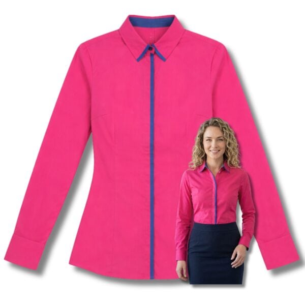 Koszula damska długi rękaw różowa z kontrastową lamówką