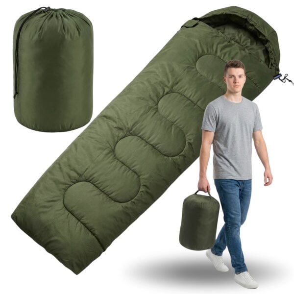 Śpiwór Turystyczny Khaki 2w1 220×86 cm ciepły kaptur kołdra pokrowiec