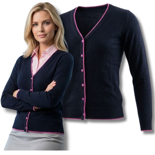 Granatowy Sweter Damski V-neck w Serek z niebiesko-różową lamówką