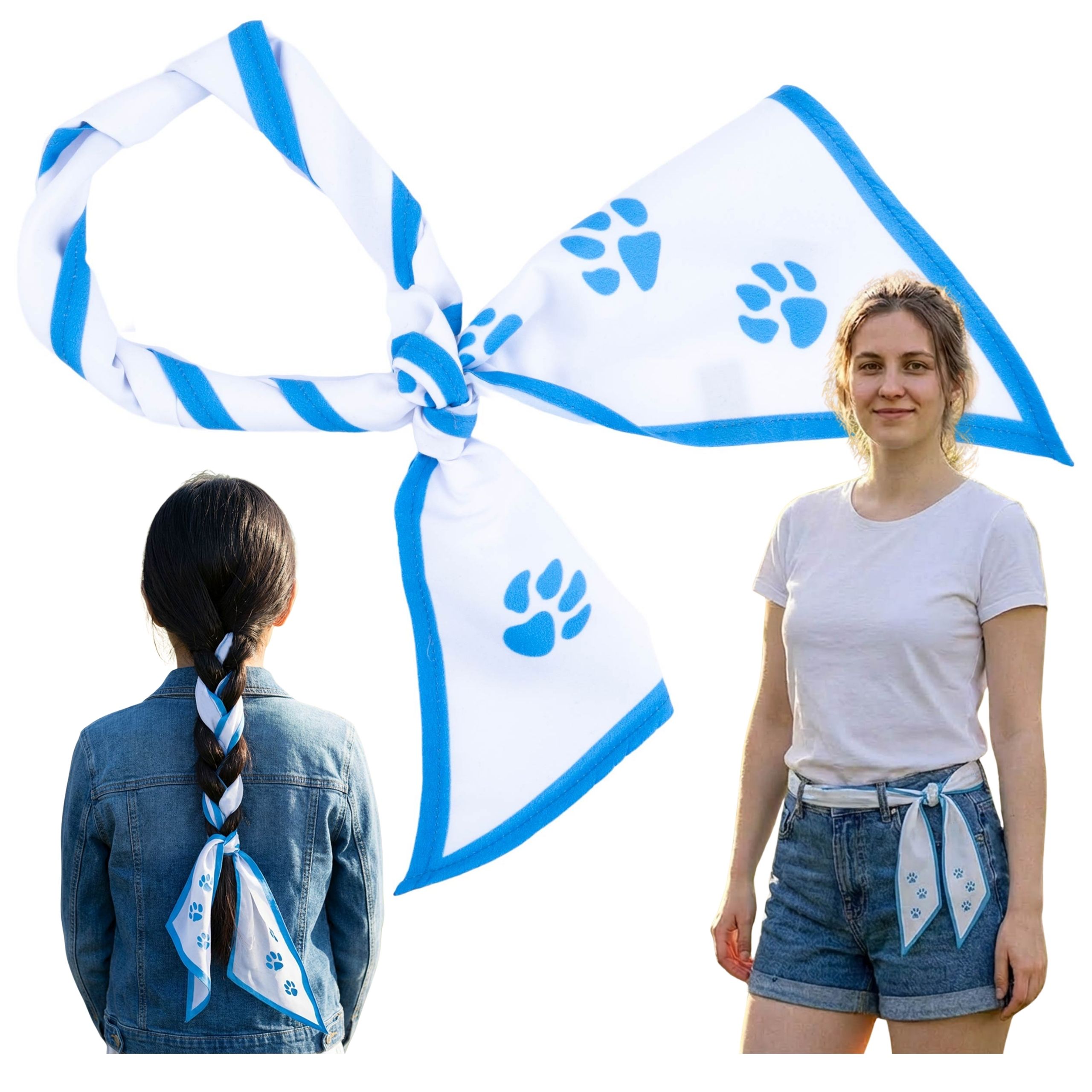 Apaszka Damska Biała Niebieska Chusta Psie Łapy Bandana - obrazek 2