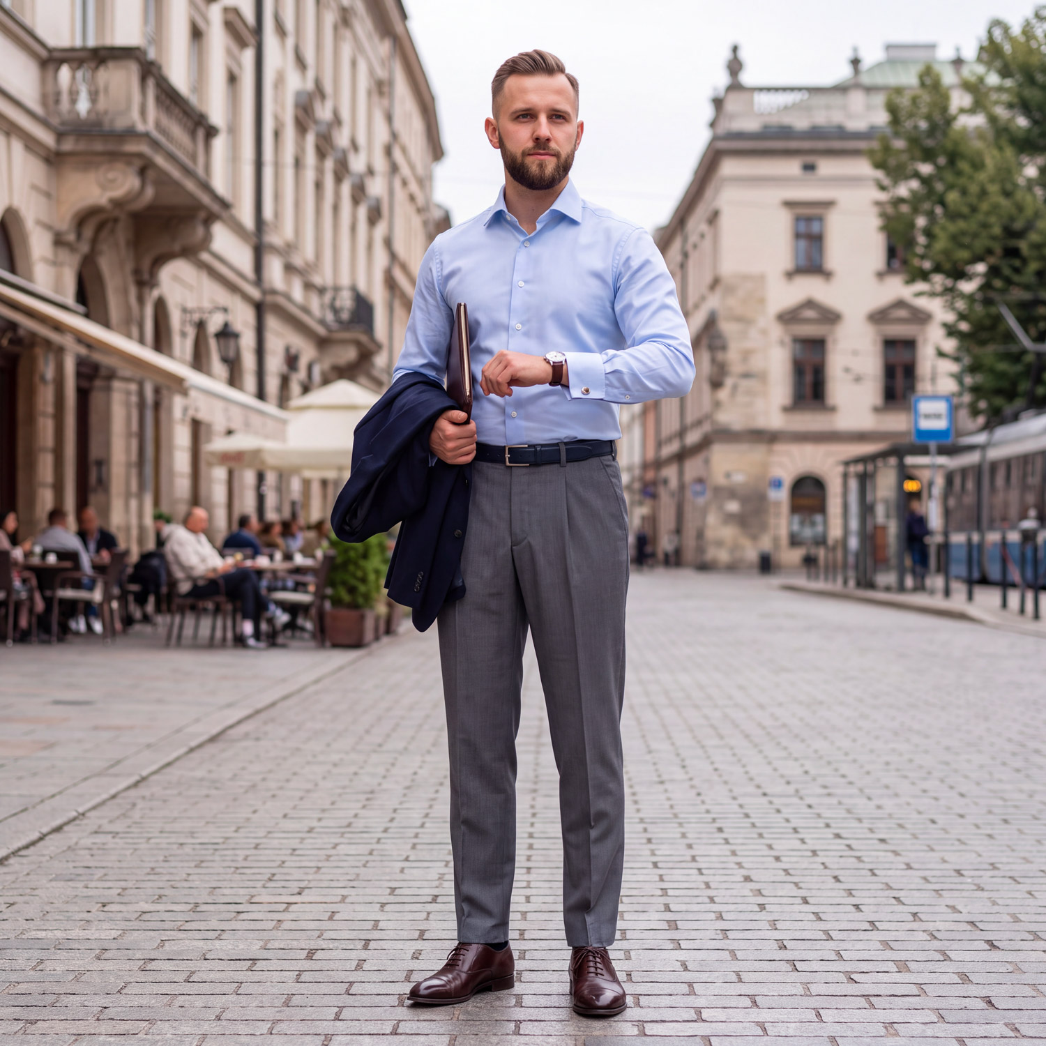 Spodnie męskie klasyczne eleganckie jasnoszare Manotto - obrazek 2